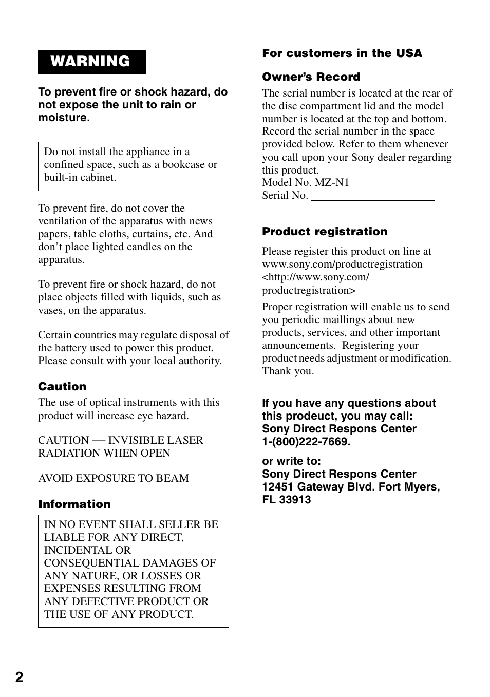 Warning | Sony MZ-N1 User Manual | Page 2 / 96