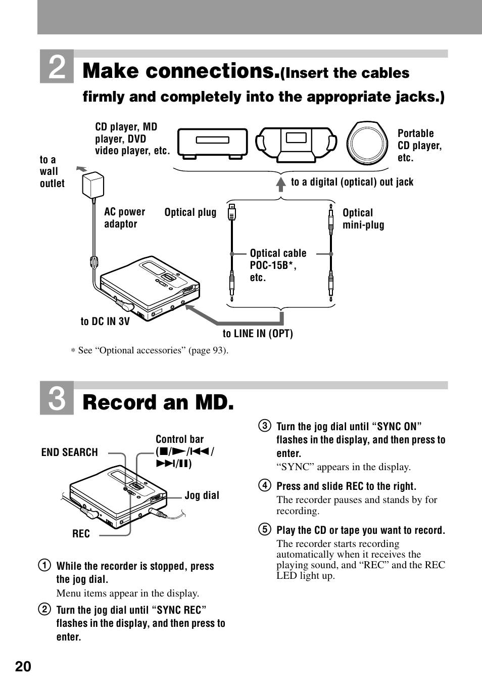 Make connections, Record an md | Sony MZ-N1 User Manual | Page 20 / 96