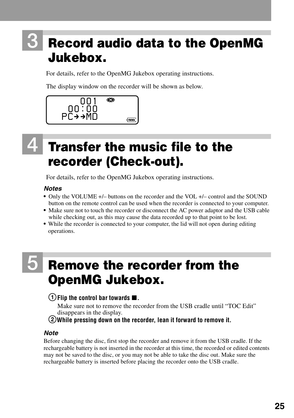 Record audio data to the openmg jukebox, Remove the recorder from the openmg jukebox | Sony MZ-N1 User Manual | Page 25 / 96