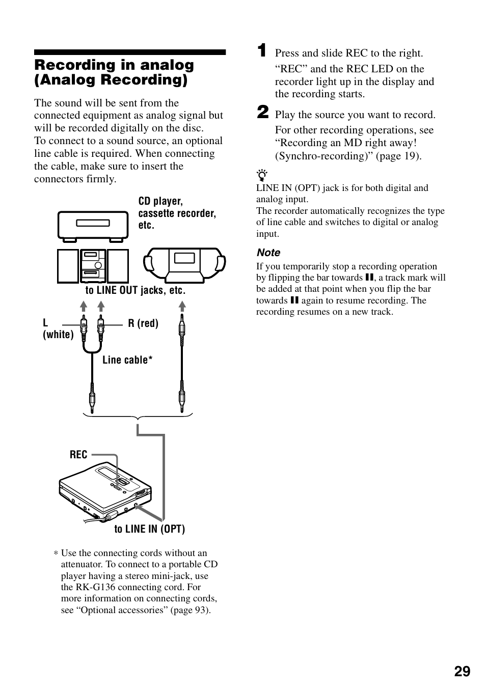 Recording in analog (analog recording), 29 recording in analog (analog recording) | Sony MZ-N1 User Manual | Page 29 / 96