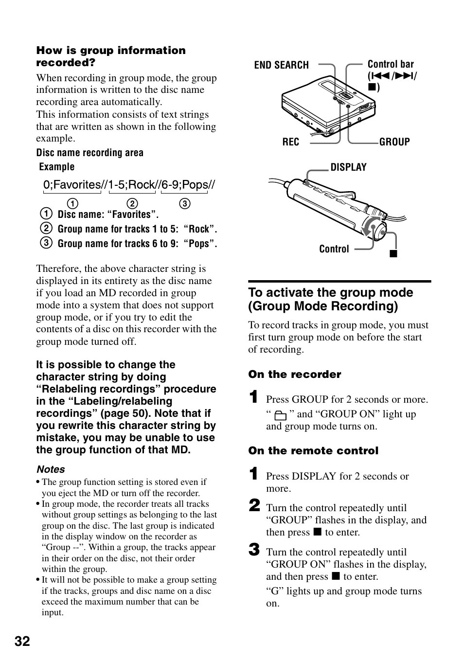 To activate the group mode (group mode recording) | Sony MZ-N1 User Manual | Page 32 / 96