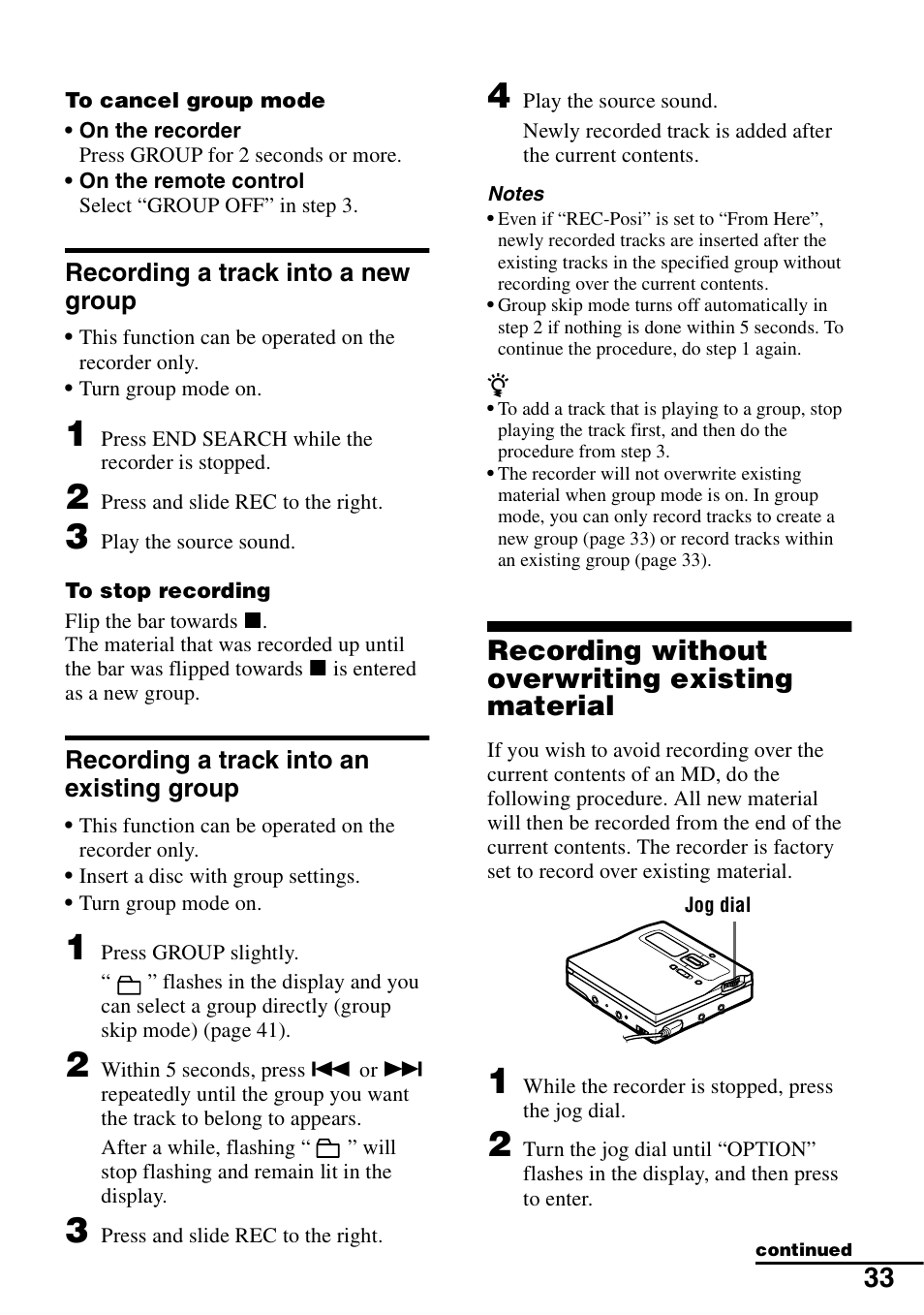 Recording a track into a new group, Recording a track into an existing group, Recording without overwriting existing material | Sony MZ-N1 User Manual | Page 33 / 96