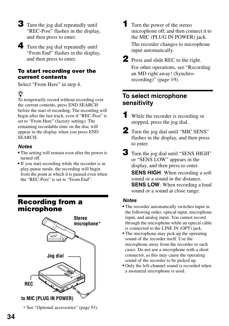 Recording from a microphone, To select microphone sensitivity | Sony MZ-N1 User Manual | Page 34 / 96