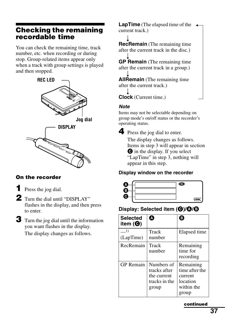 Checking the remaining recordable time, 37 checking the remaining recordable time | Sony MZ-N1 User Manual | Page 37 / 96