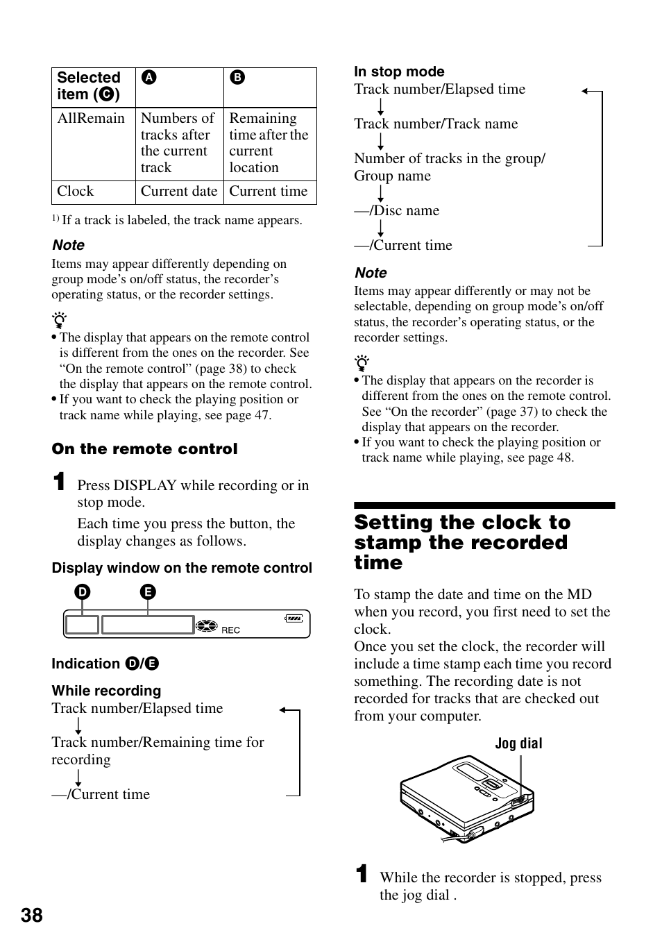 Setting the clock to stamp the recorded time | Sony MZ-N1 User Manual | Page 38 / 96