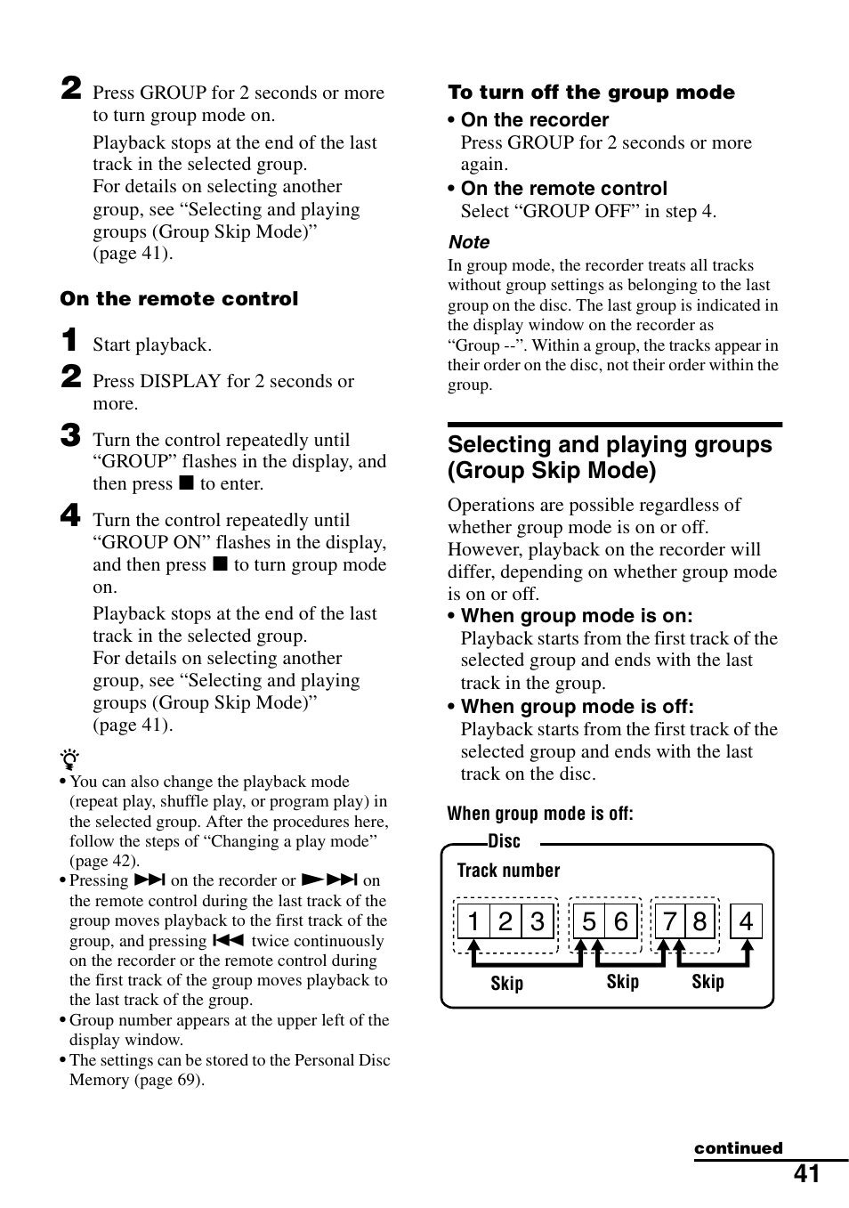 Selecting and playing groups (group skip mode) | Sony MZ-N1 User Manual | Page 41 / 96