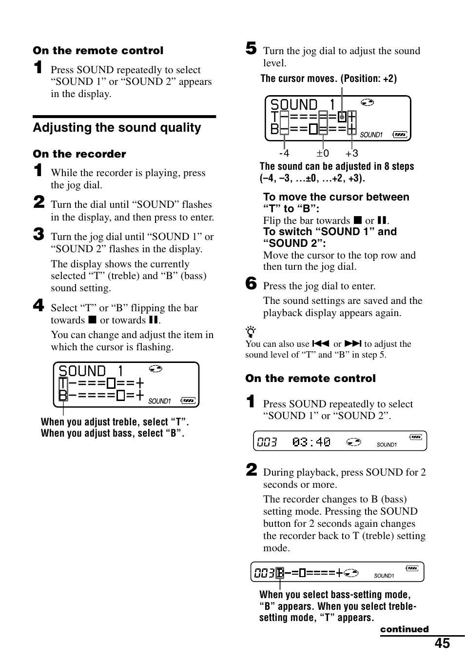 Adjusting the sound quality, Sound 1 t-=== ==+ b, Sound 1 t-===== + b | Sony MZ-N1 User Manual | Page 45 / 96