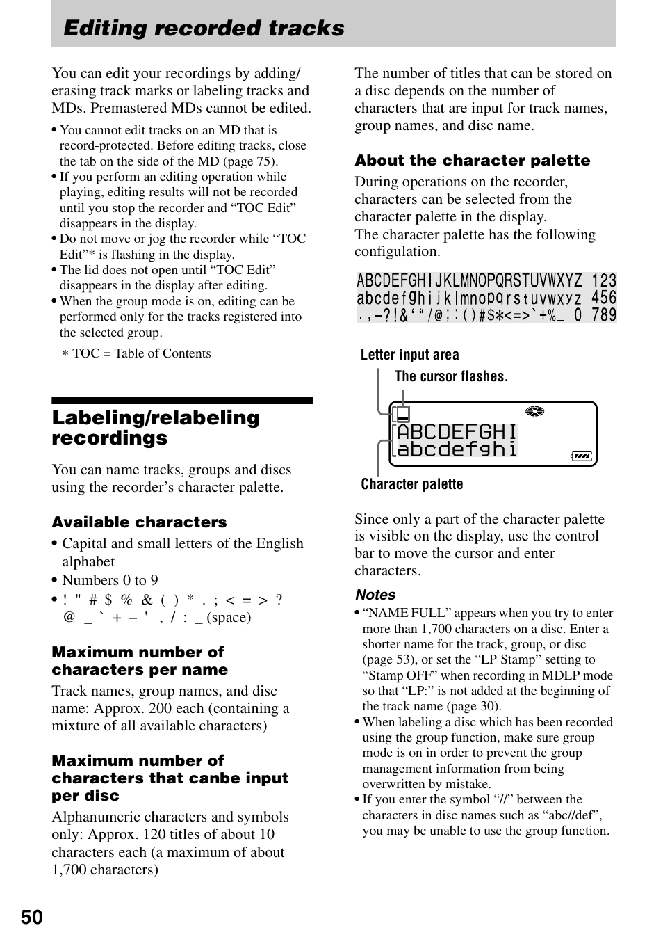 Editing recorded tracks, Labeling/relabeling recordings, Abcdefghi abcdefghi | Sony MZ-N1 User Manual | Page 50 / 96