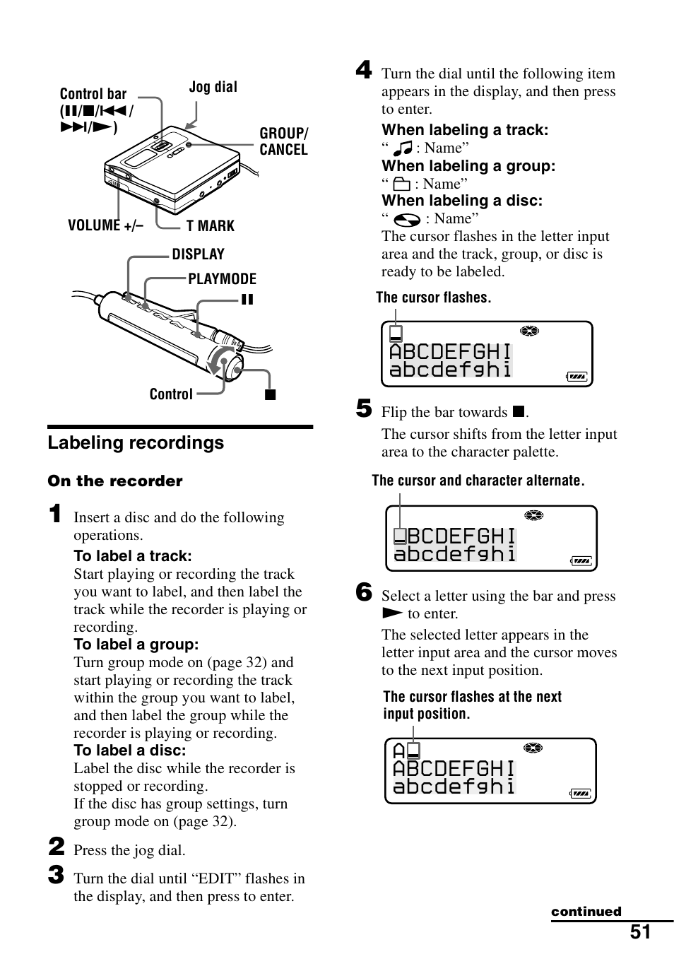 Labeling recordings, Abcdefghi abcdefghi, Bcdefghi abcdefghi | Abcdefghi a abcdefghi | Sony MZ-N1 User Manual | Page 51 / 96