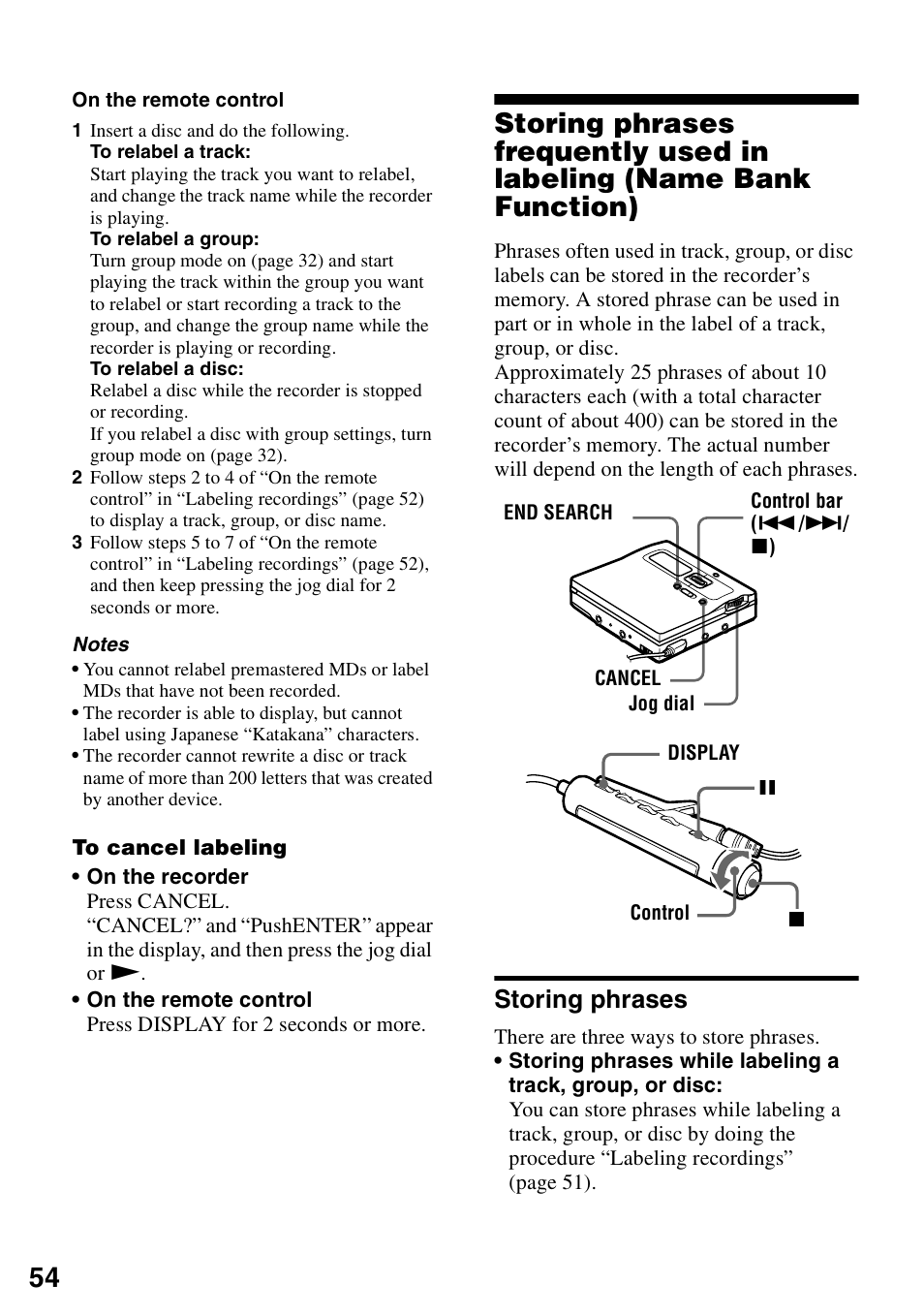 Storing phrases | Sony MZ-N1 User Manual | Page 54 / 96