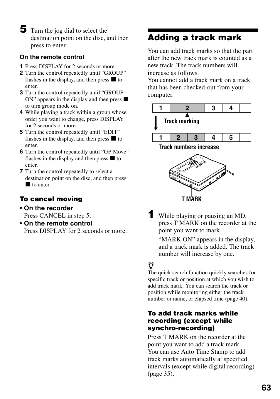 Adding a track mark | Sony MZ-N1 User Manual | Page 63 / 96