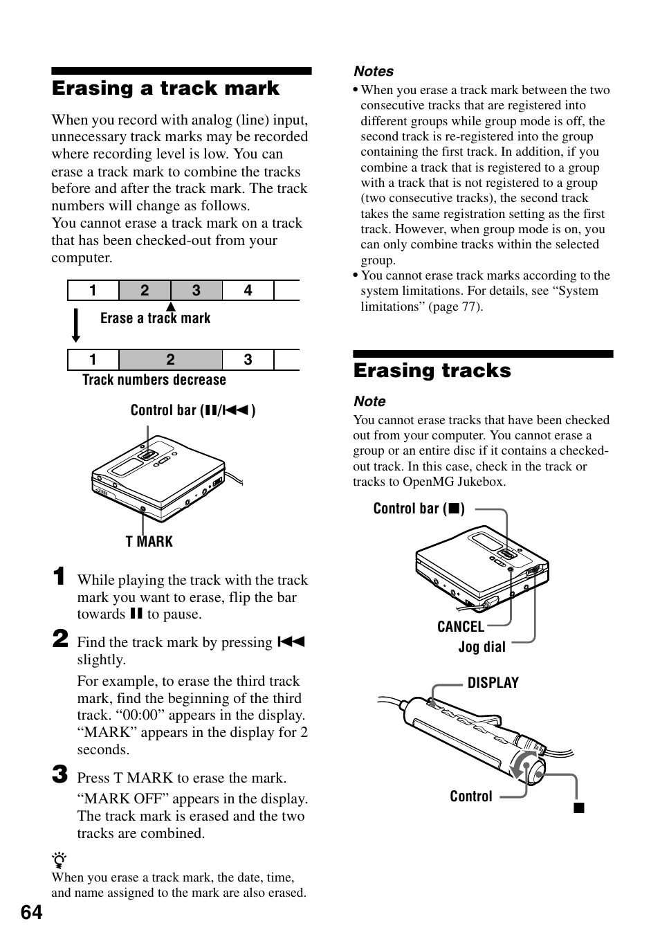 Erasing a track mark, Erasing tracks, Erasing a track mark erasing tracks | 64 erasing a track mark | Sony MZ-N1 User Manual | Page 64 / 96