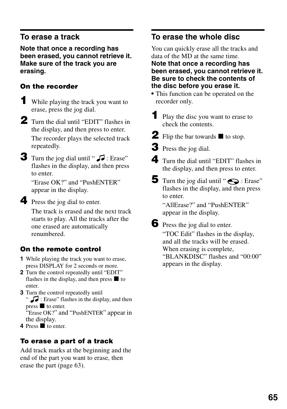 To erase a track, To erase the whole disc, To erase a track to erase the whole disc | Sony MZ-N1 User Manual | Page 65 / 96