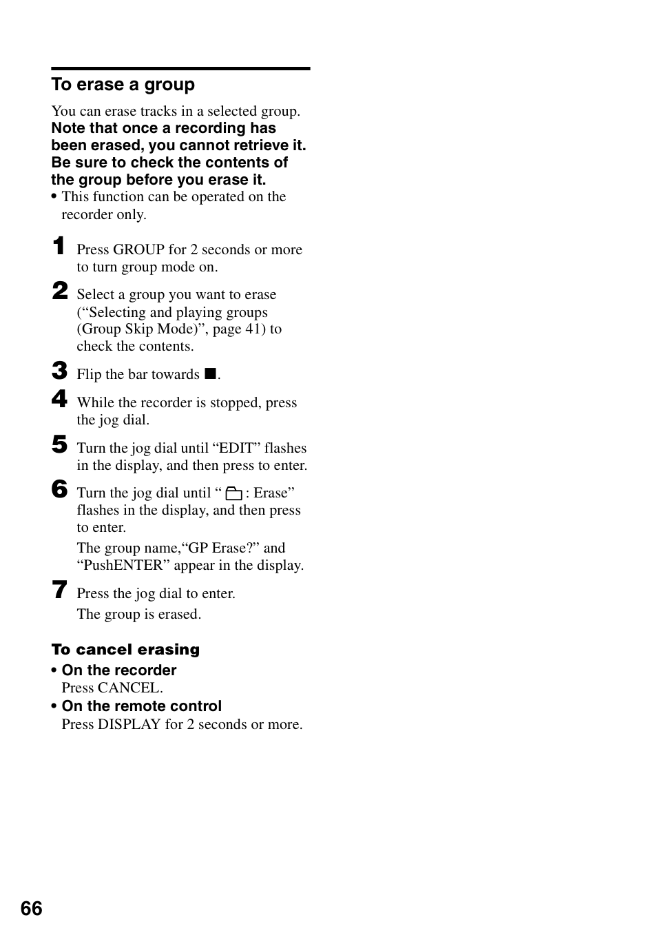 To erase a group | Sony MZ-N1 User Manual | Page 66 / 96