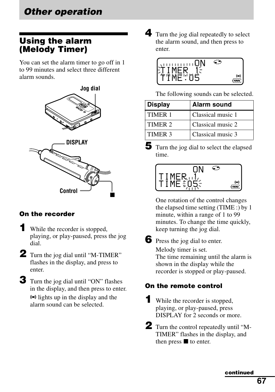 Other operation, Using the alarm (melody timer) | Sony MZ-N1 User Manual | Page 67 / 96