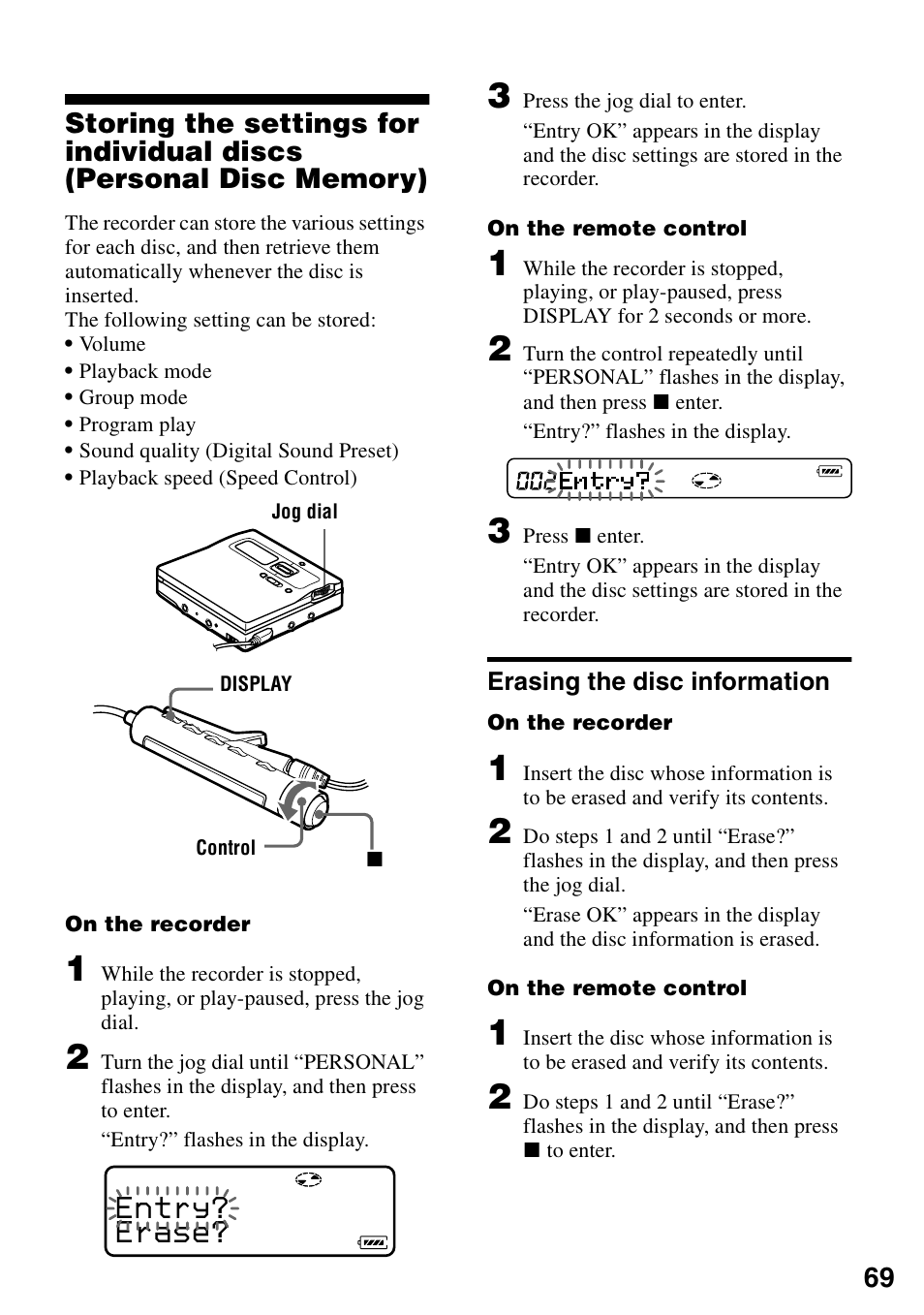 Erasing the disc information, Entry? erase | Sony MZ-N1 User Manual | Page 69 / 96