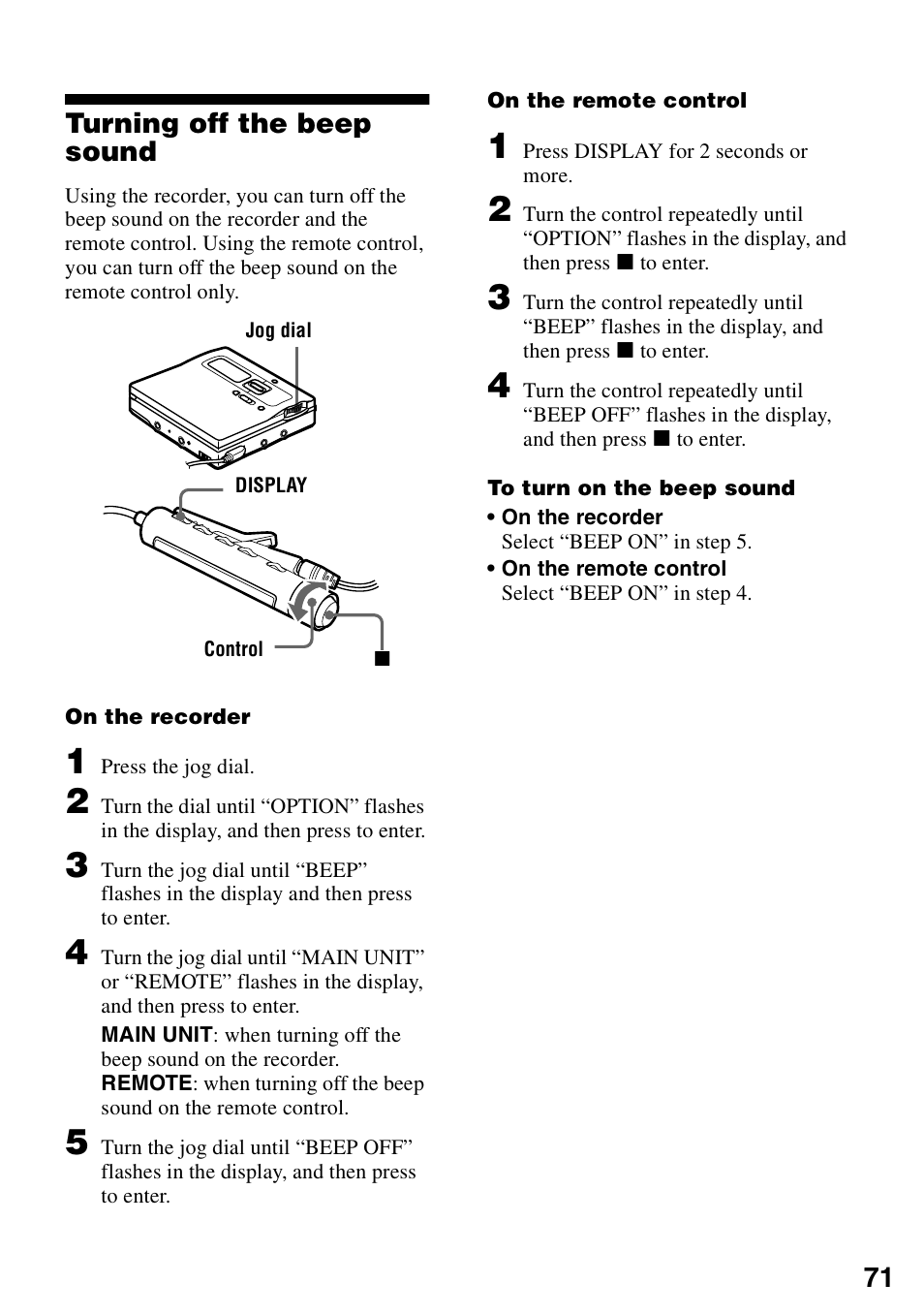 Turning off the beep sound | Sony MZ-N1 User Manual | Page 71 / 96
