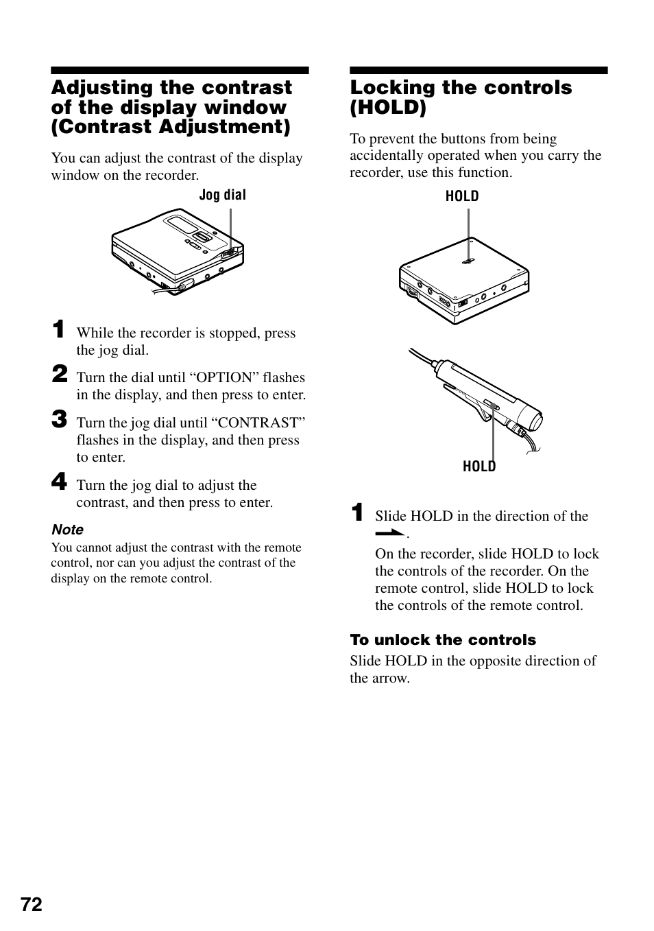 Locking the controls (hold) | Sony MZ-N1 User Manual | Page 72 / 96