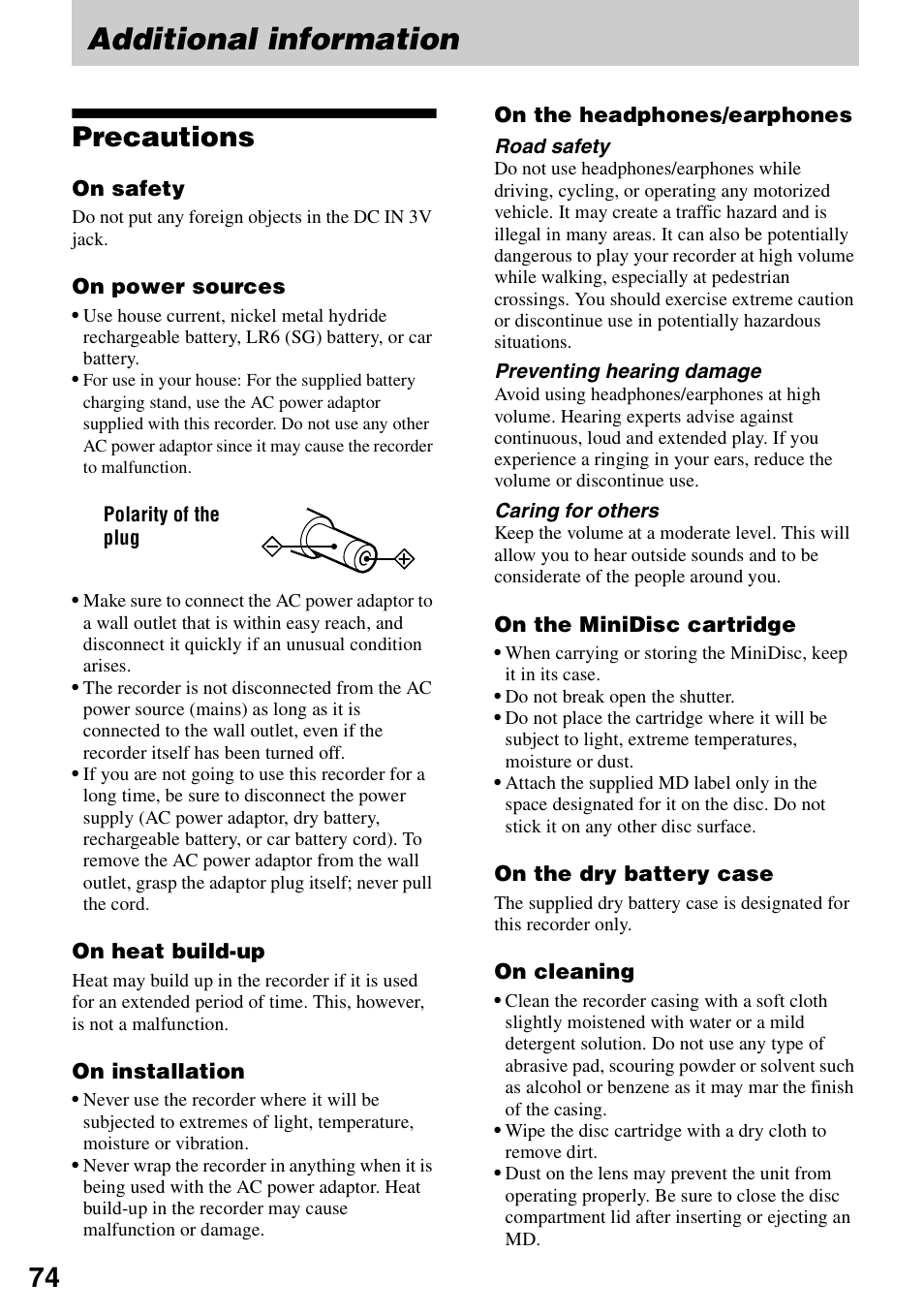 Additional information, Precautions | Sony MZ-N1 User Manual | Page 74 / 96