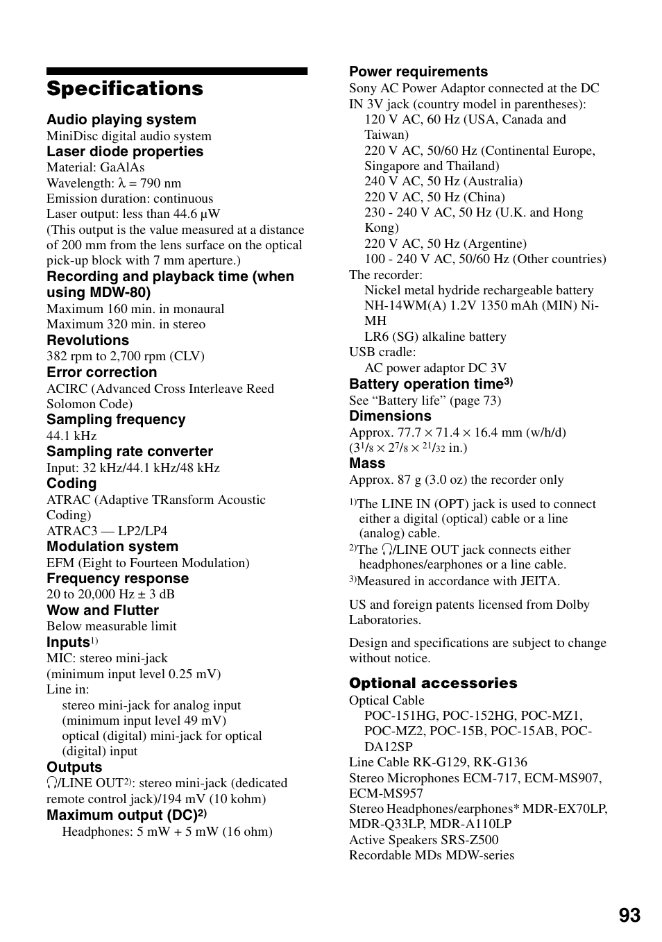 Specifications, 93 specifications | Sony MZ-N1 User Manual | Page 93 / 96