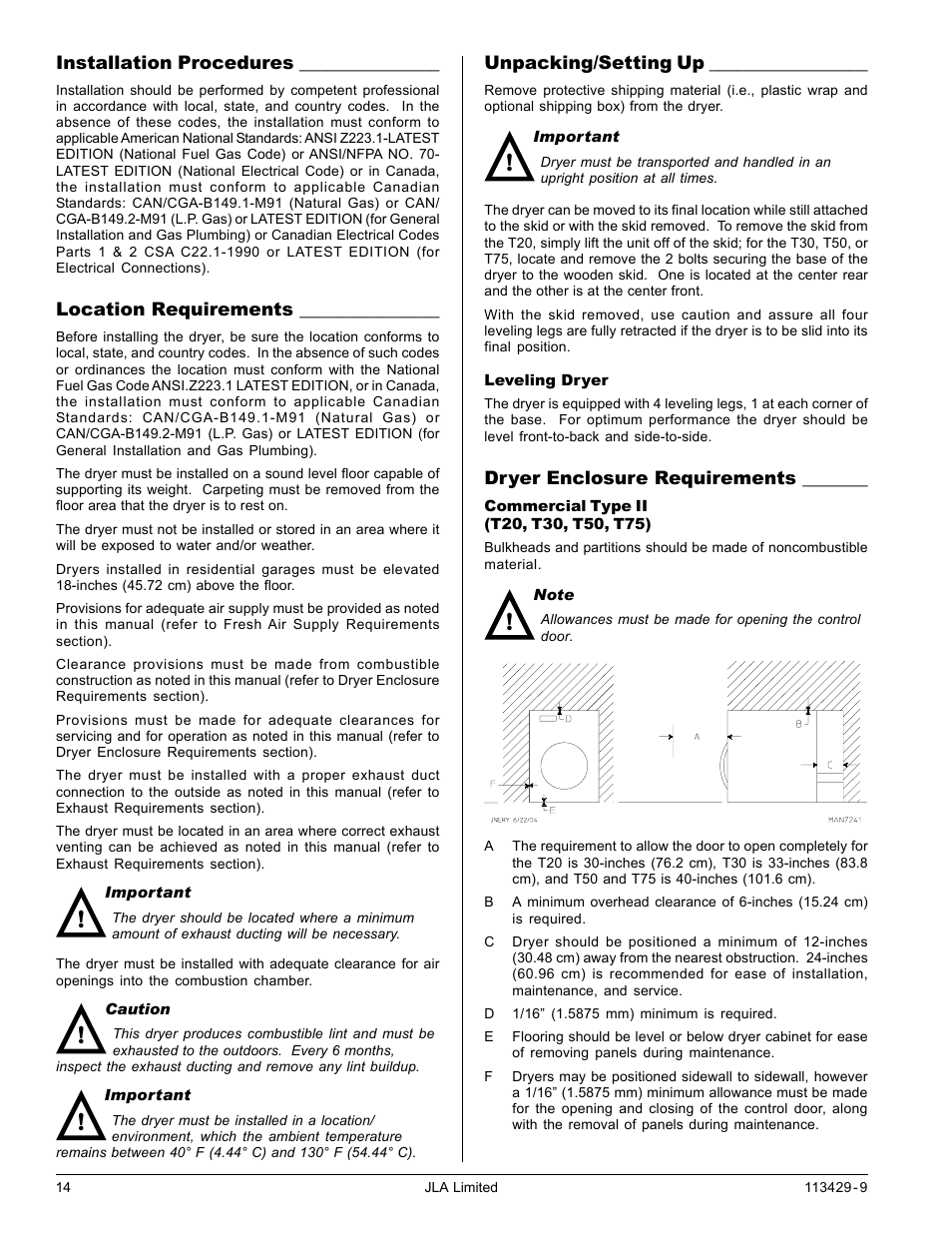 Installation procedures, Location requirements, Unpacking/setting up | Dryer enclosure requirements | American Dryer Corp. T30 User Manual | Page 14 / 32