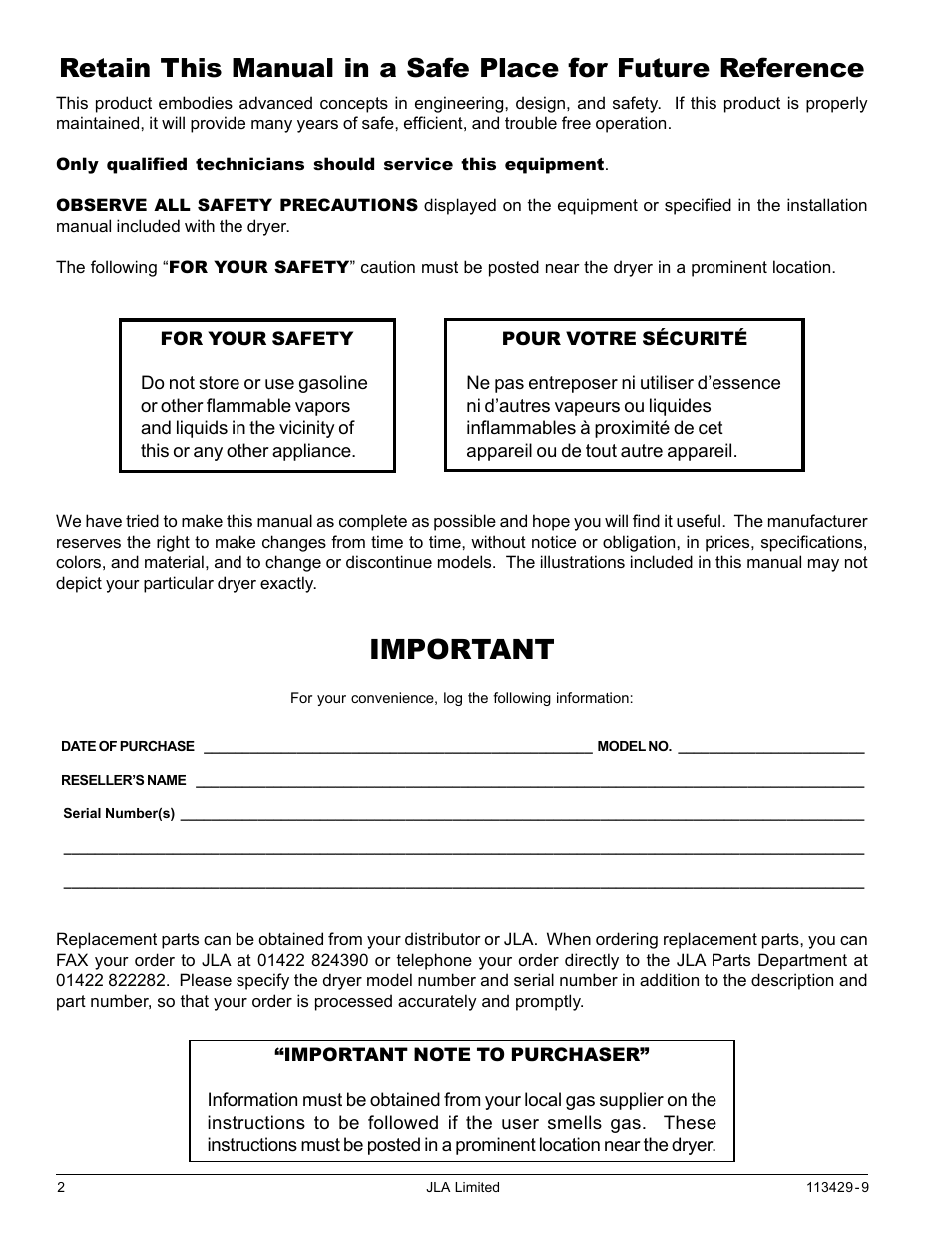 Important | American Dryer Corp. T30 User Manual | Page 2 / 32