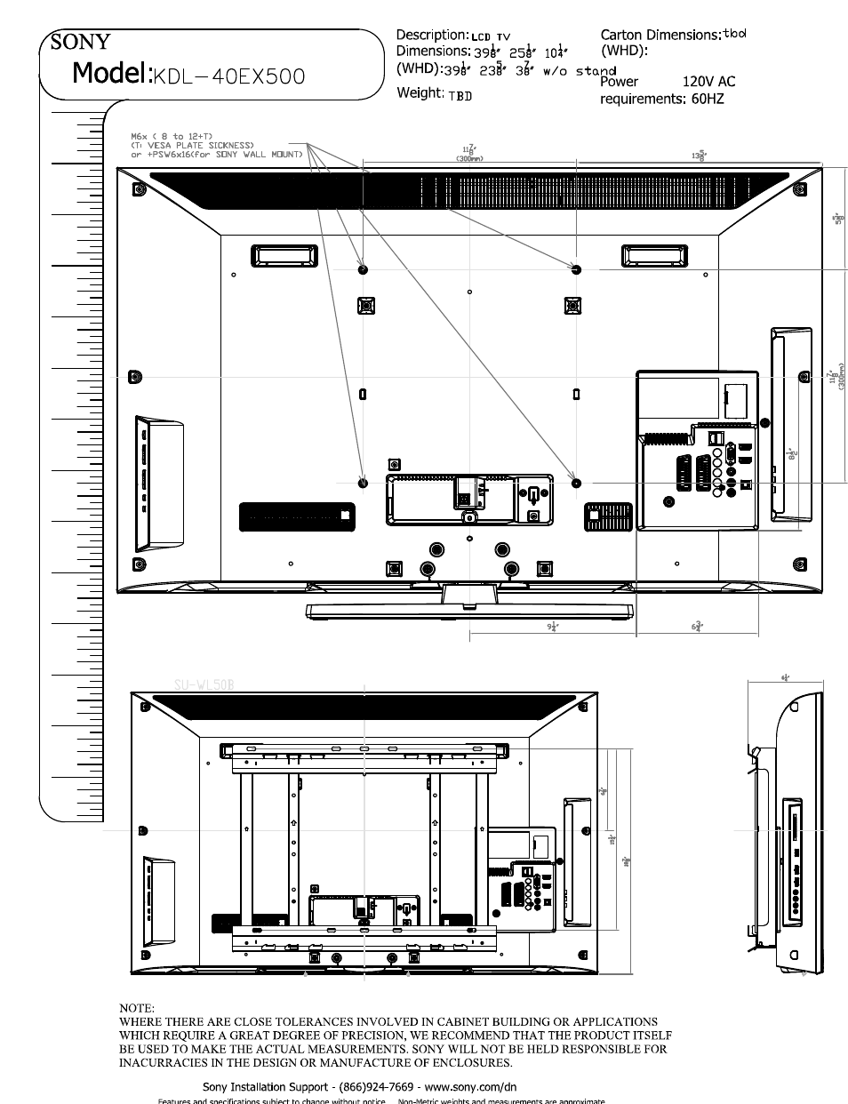 Whd):394' e3l* si' w/o stand, Model | Sony KDL-40EX500 User Manual | Page 2 / 3