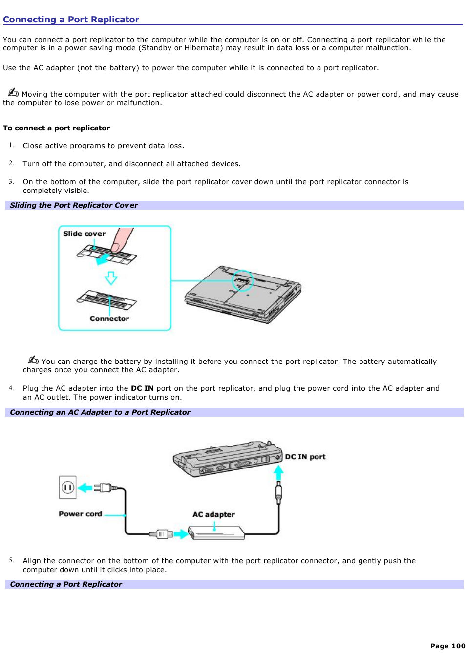 Connecting a port replicator | Sony PCG-V505AXP User Manual | Page 100 / 164