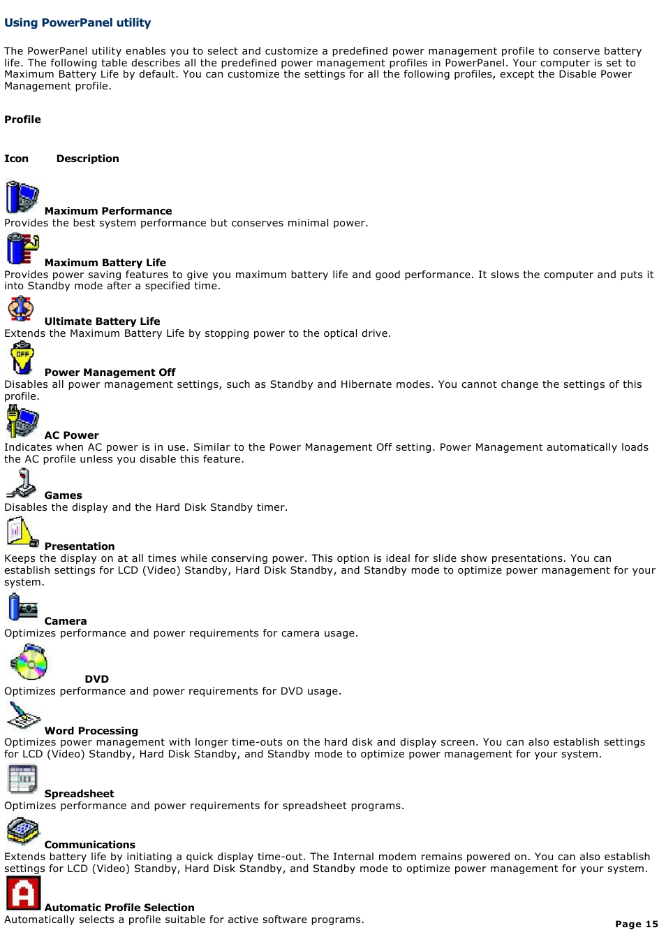 Using powerpanel utility | Sony PCG-V505AXP User Manual | Page 15 / 164