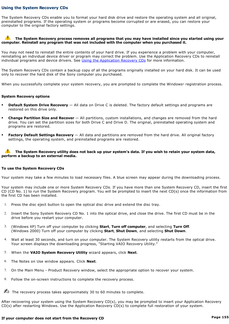 Using the system recovery cds | Sony PCG-V505AXP User Manual | Page 155 / 164