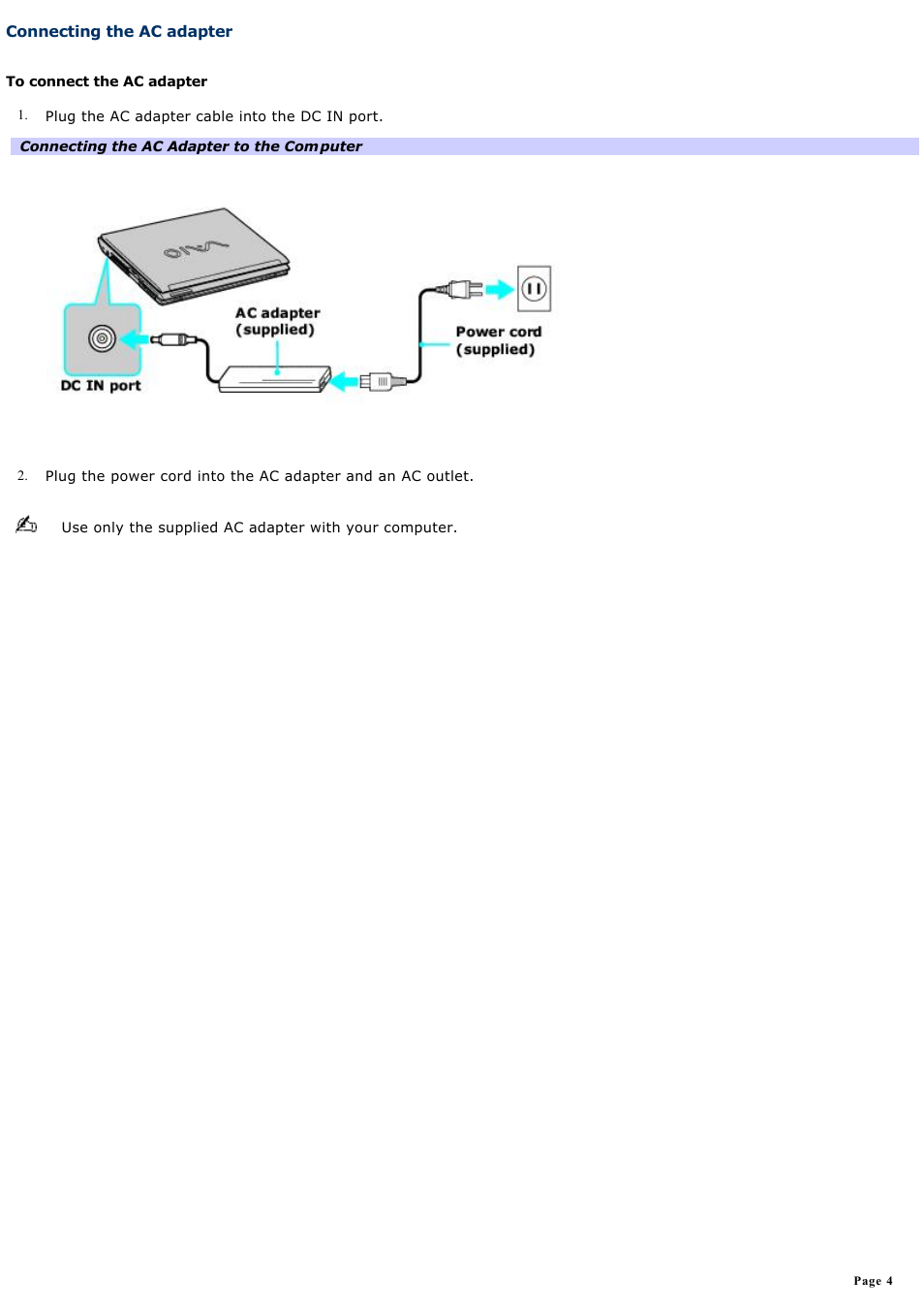 Connecting the ac adapter | Sony PCG-V505AXP User Manual | Page 4 / 164