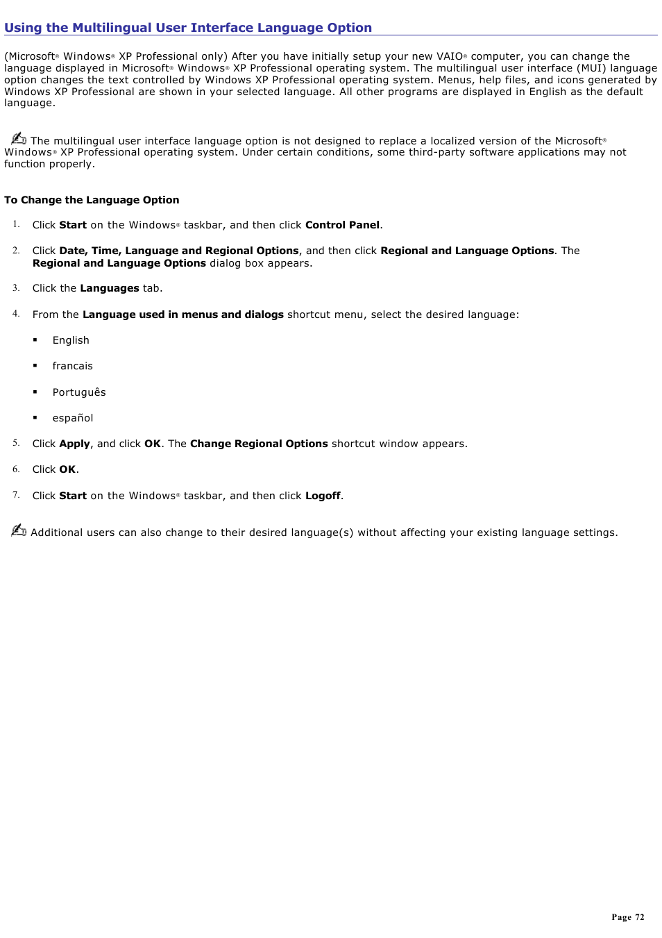 Sony PCG-V505AXP User Manual | Page 72 / 164