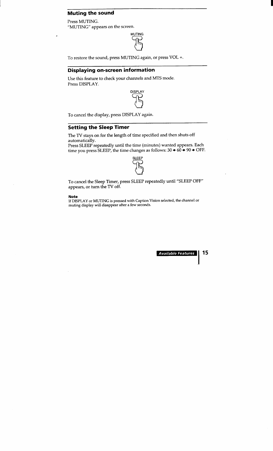 Muting the sound, Displaying on-screen information, Setting the sleep timer | Sony KV-20S10 User Manual | Page 14 / 23