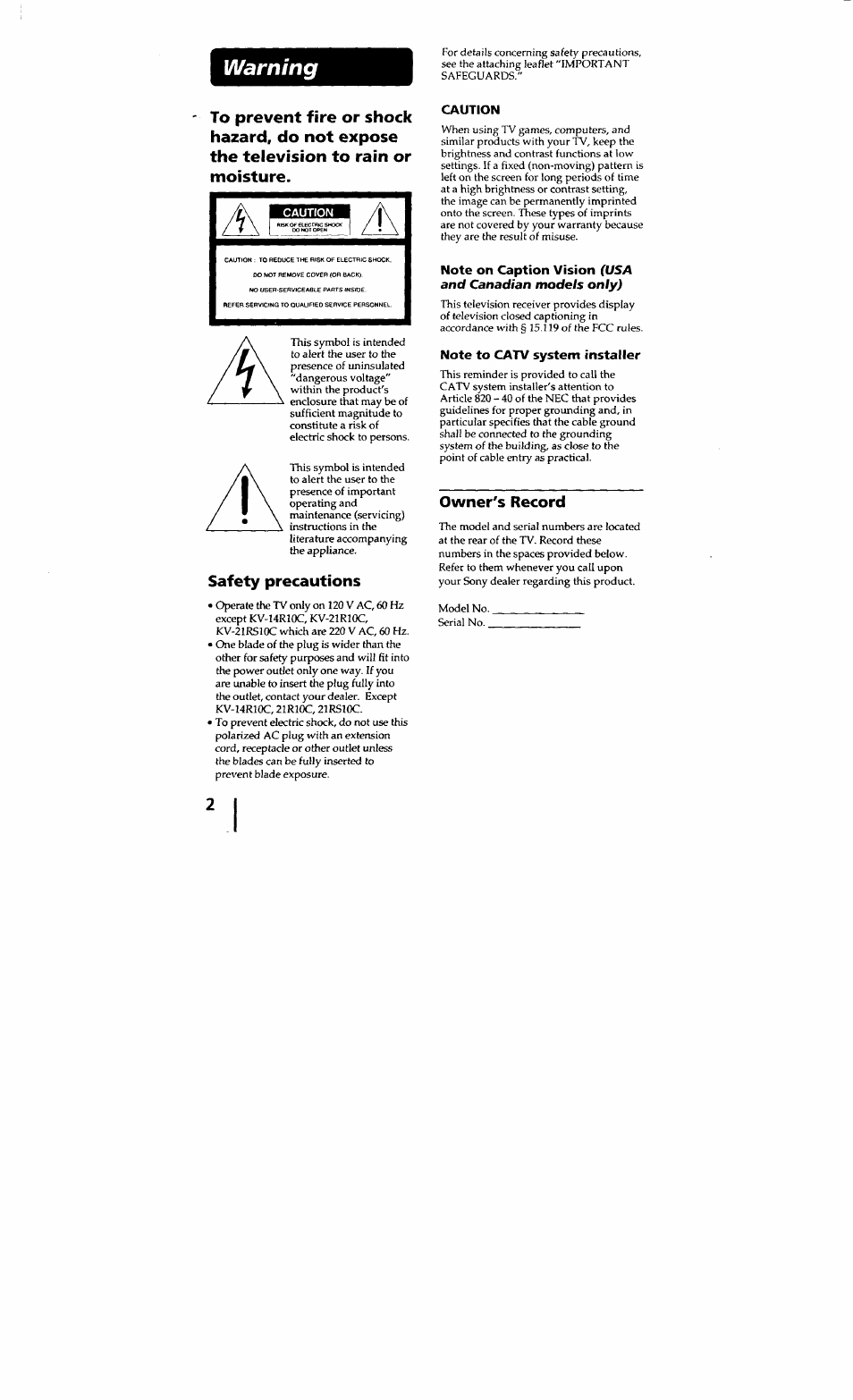 Safety precautions, Owner's record, Warning | Sony KV-20S10 User Manual | Page 2 / 23