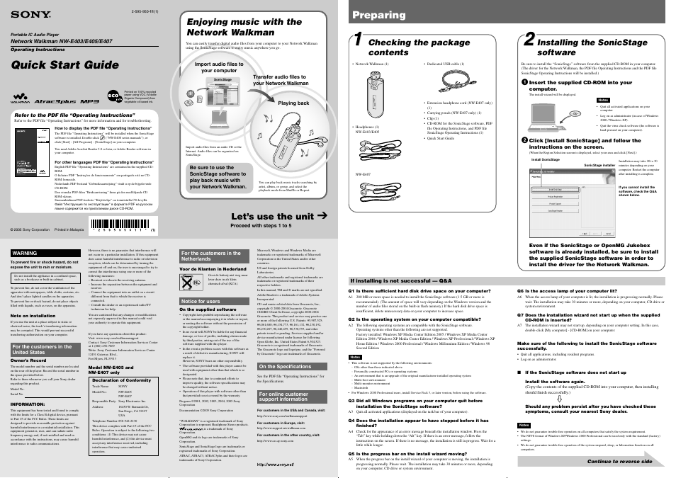 Sony NW-E407 User Manual | 2 pages