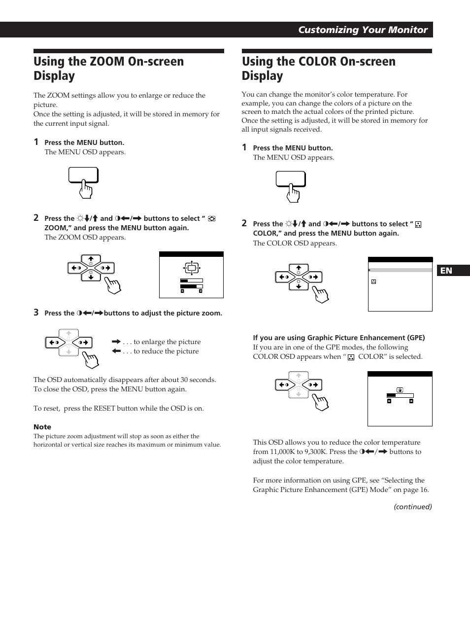 Using the zoom on-screen display, Using the color on-screen display, Getting started customizing your monitor | Sony CPD-200GS User Manual | Page 11 / 57