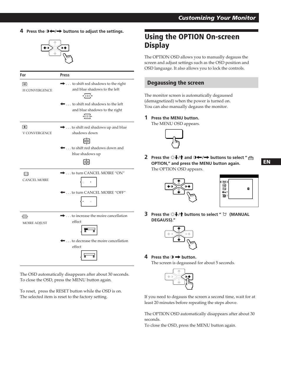 Using the option on-screen display, Getting started customizing your monitor, Degaussing the screen | Fen es c | Sony CPD-200GS User Manual | Page 13 / 57