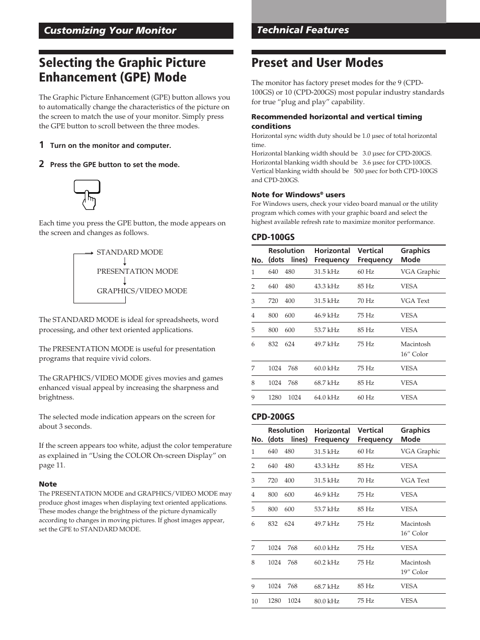 Preset and user modes, Customizing your monitor, Technical features | Cpd-100gs, Cpd-200gs | Sony CPD-200GS User Manual | Page 16 / 57