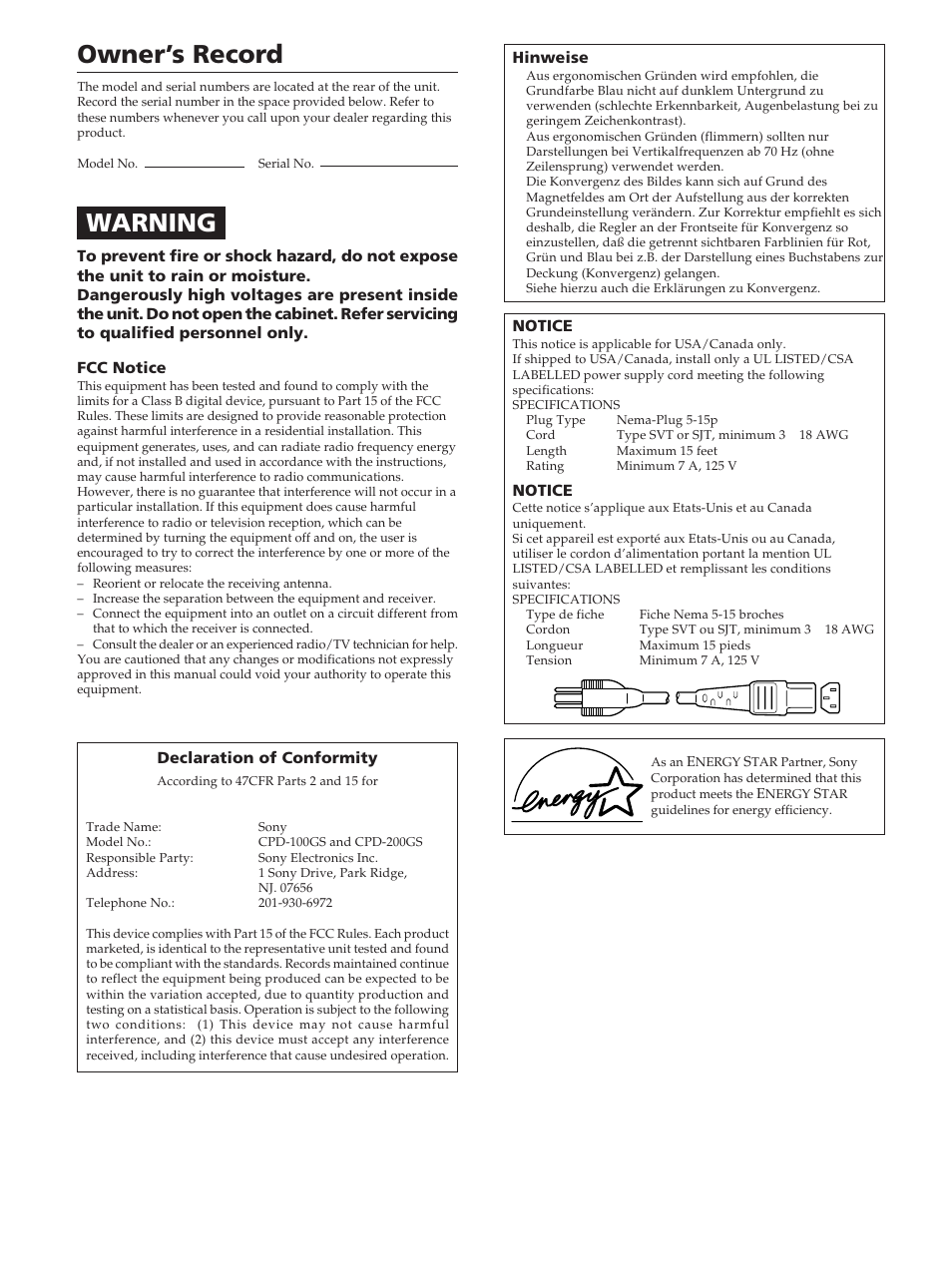 Owner’s record, Warning | Sony CPD-200GS User Manual | Page 2 / 57