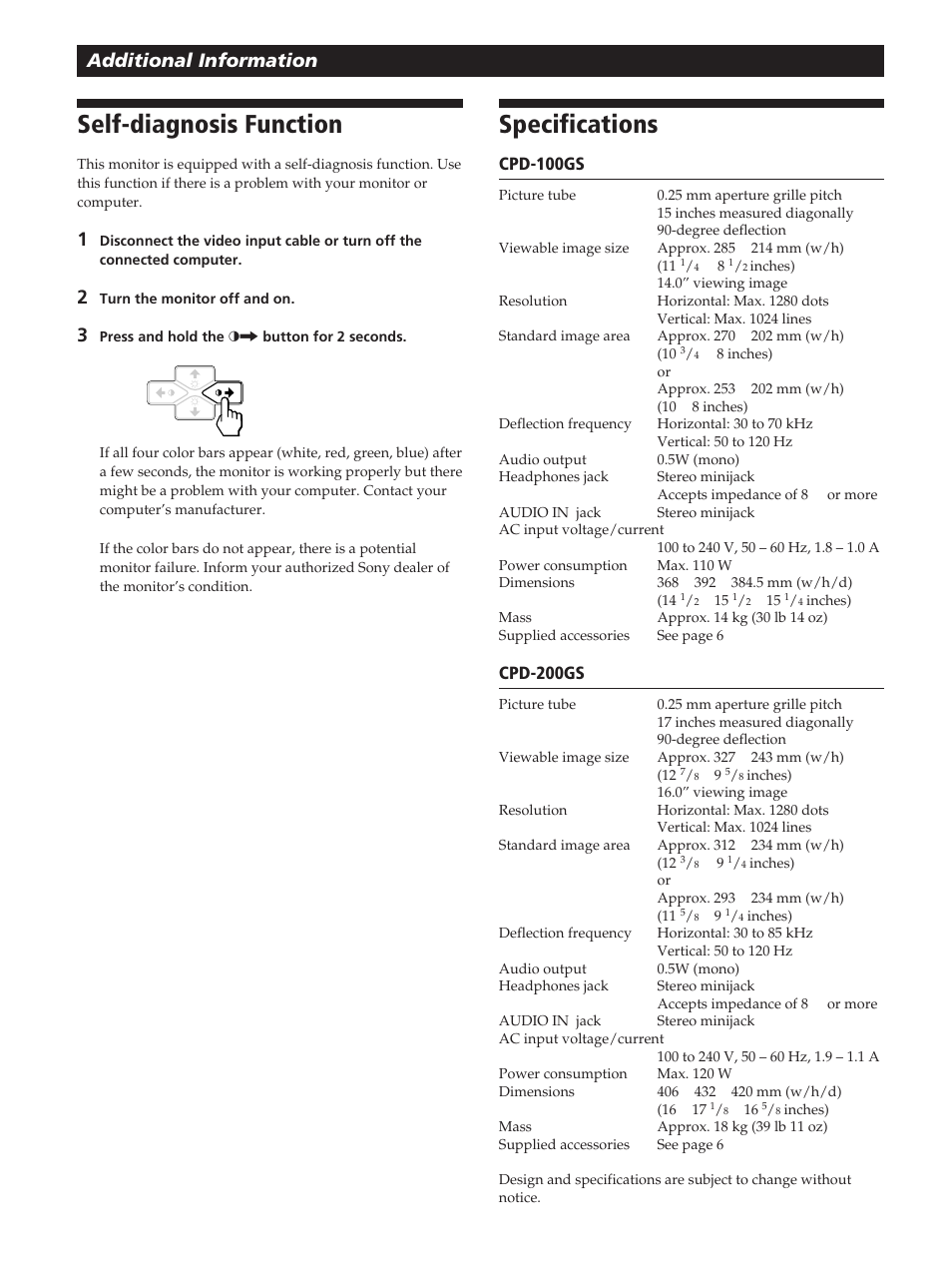 Specifications, Self-diagnosis function, Additional information | Sony CPD-200GS User Manual | Page 20 / 57