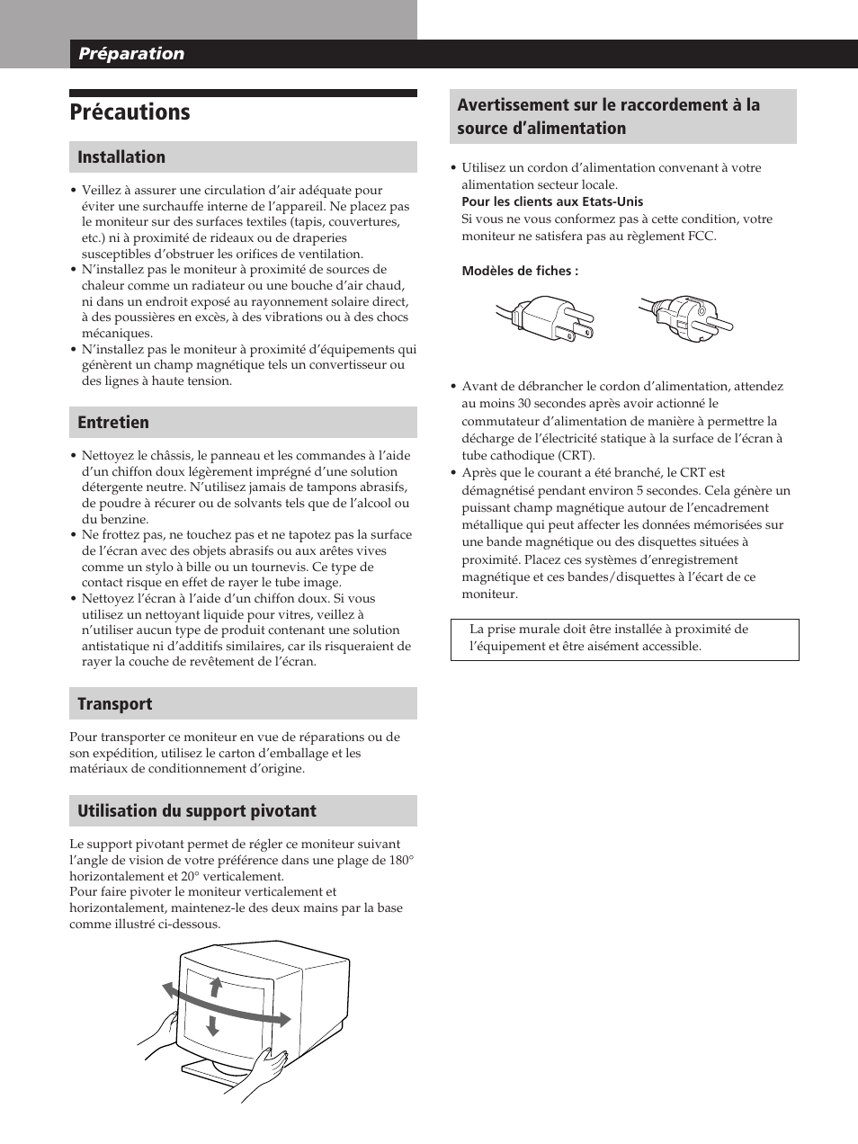 Précautions, Préparation, Installation | Entretien, Transport, Utilisation du support pivotant | Sony CPD-200GS User Manual | Page 22 / 57