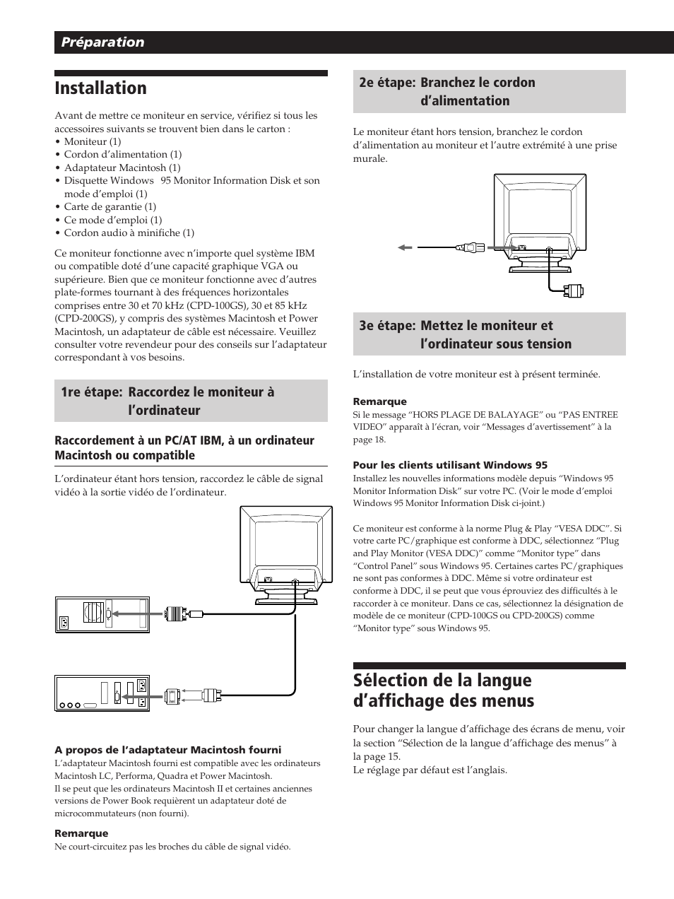 Sélection de la langue d’affichage des menus, Installation, Préparation | 2e étape: branchez le cordon d’alimentation, 1re étape: raccordez le moniteur à l’ordinateur | Sony CPD-200GS User Manual | Page 24 / 57