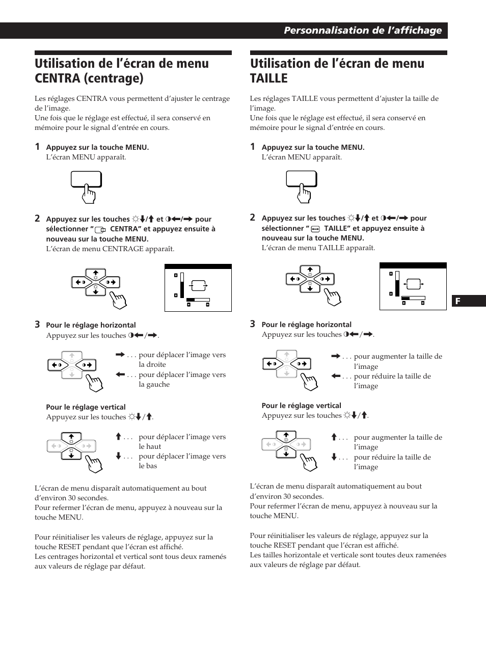 Utilisation de l’écran de menu centra (centrage), Utilisation de l’écran de menu taille, Personnalisation de l’affichage | Sony CPD-200GS User Manual | Page 27 / 57