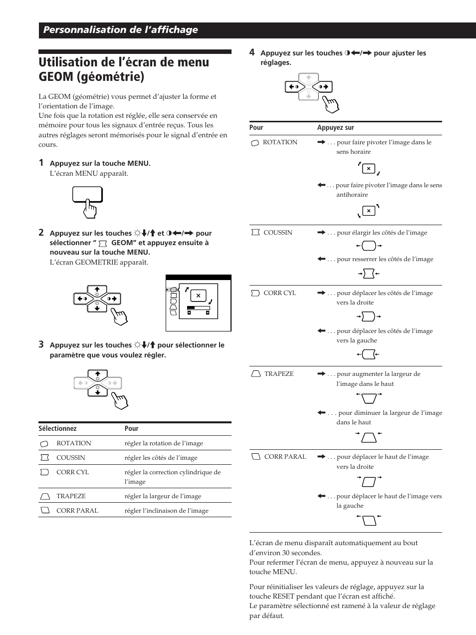 Utilisation de l’écran de menu geom (géométrie), Personnalisation de l’affichage | Sony CPD-200GS User Manual | Page 28 / 57