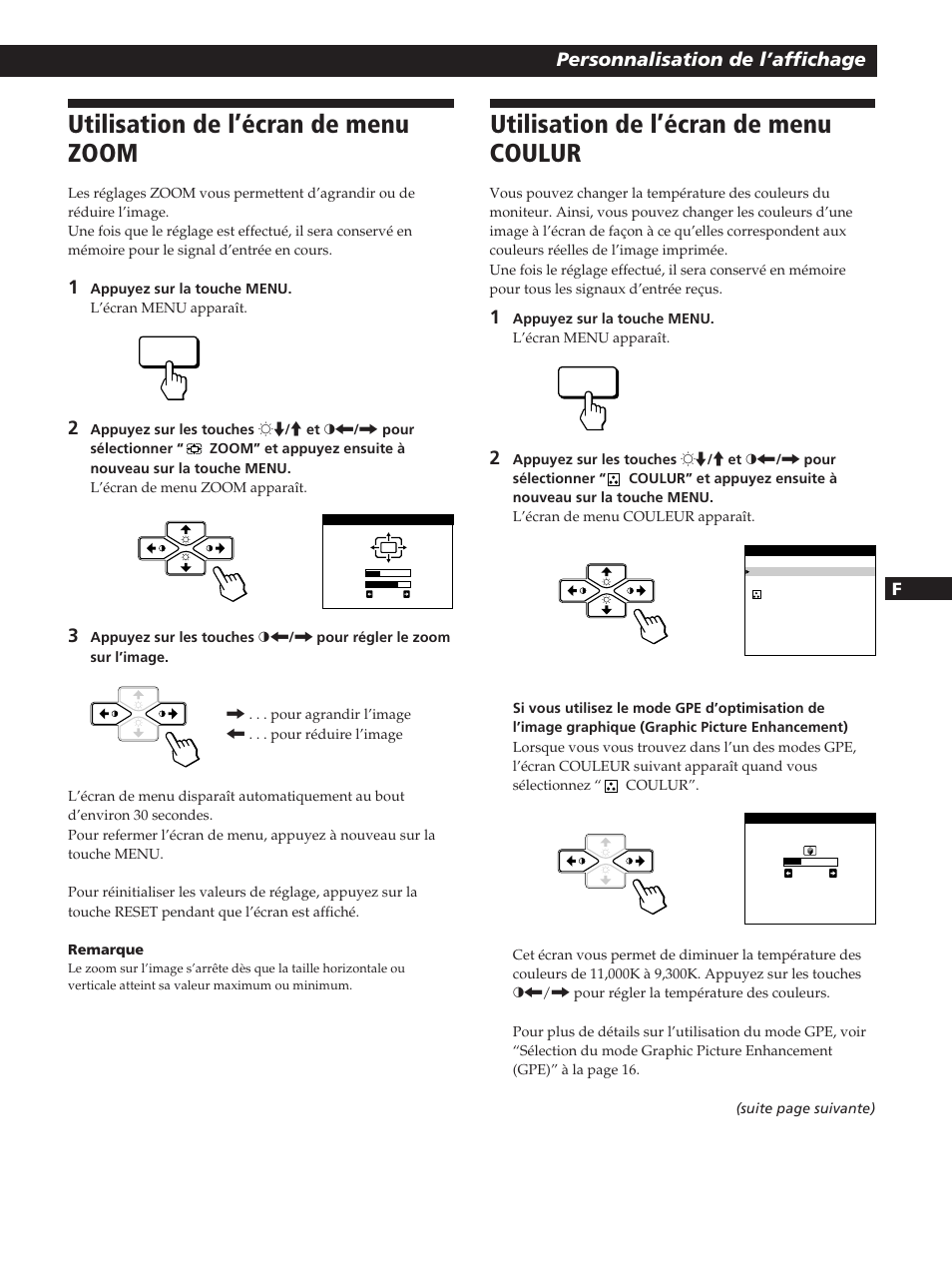 Utilisation de l’écran de menu zoom, Utilisation de l’écran de menu coulur, Personnalisation de l’affichage | Sony CPD-200GS User Manual | Page 29 / 57