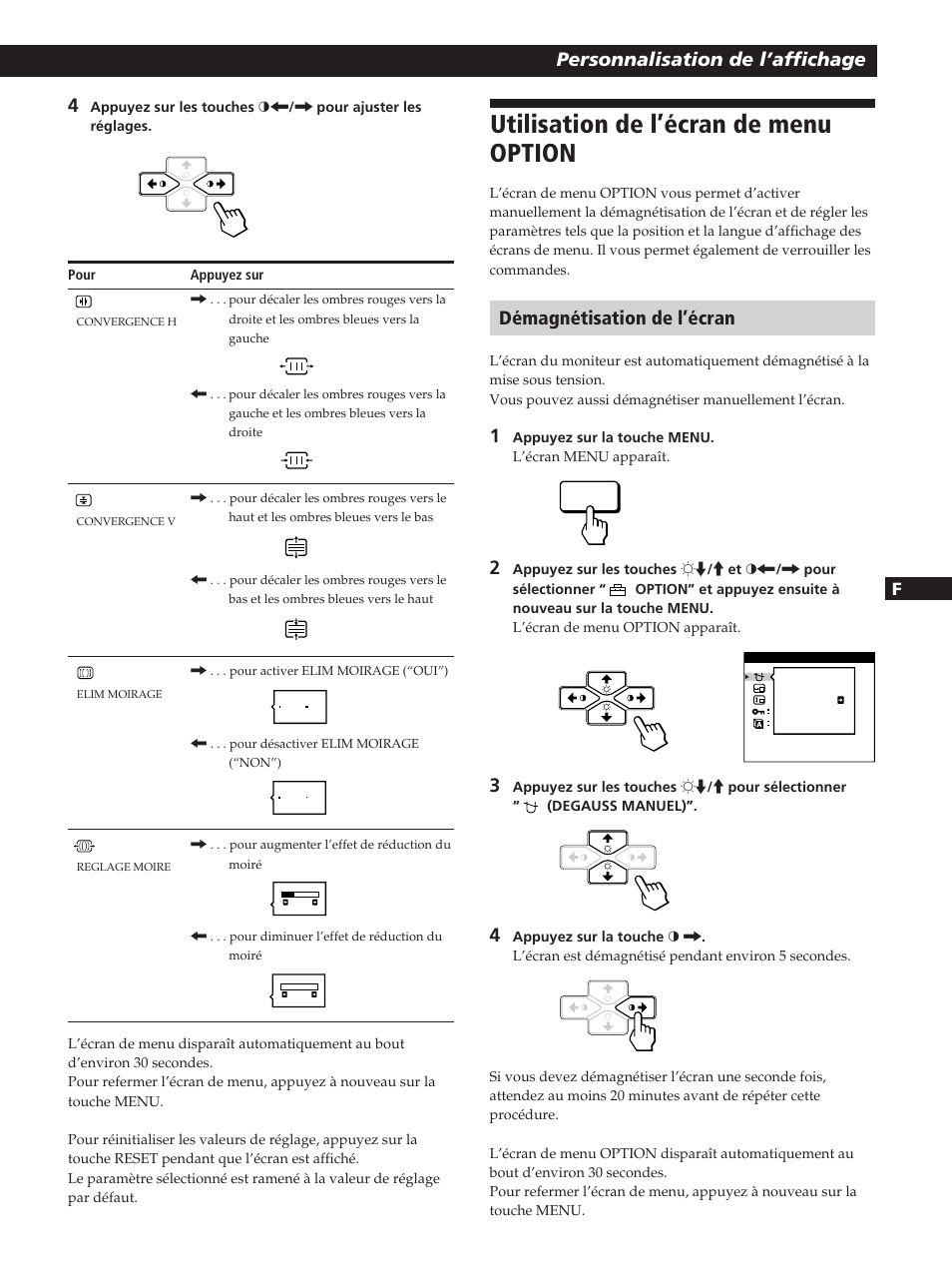 Utilisation de l’écran de menu option, Personnalisation de l’affichage, Démagnétisation de l’écran | Fen es c | Sony CPD-200GS User Manual | Page 31 / 57