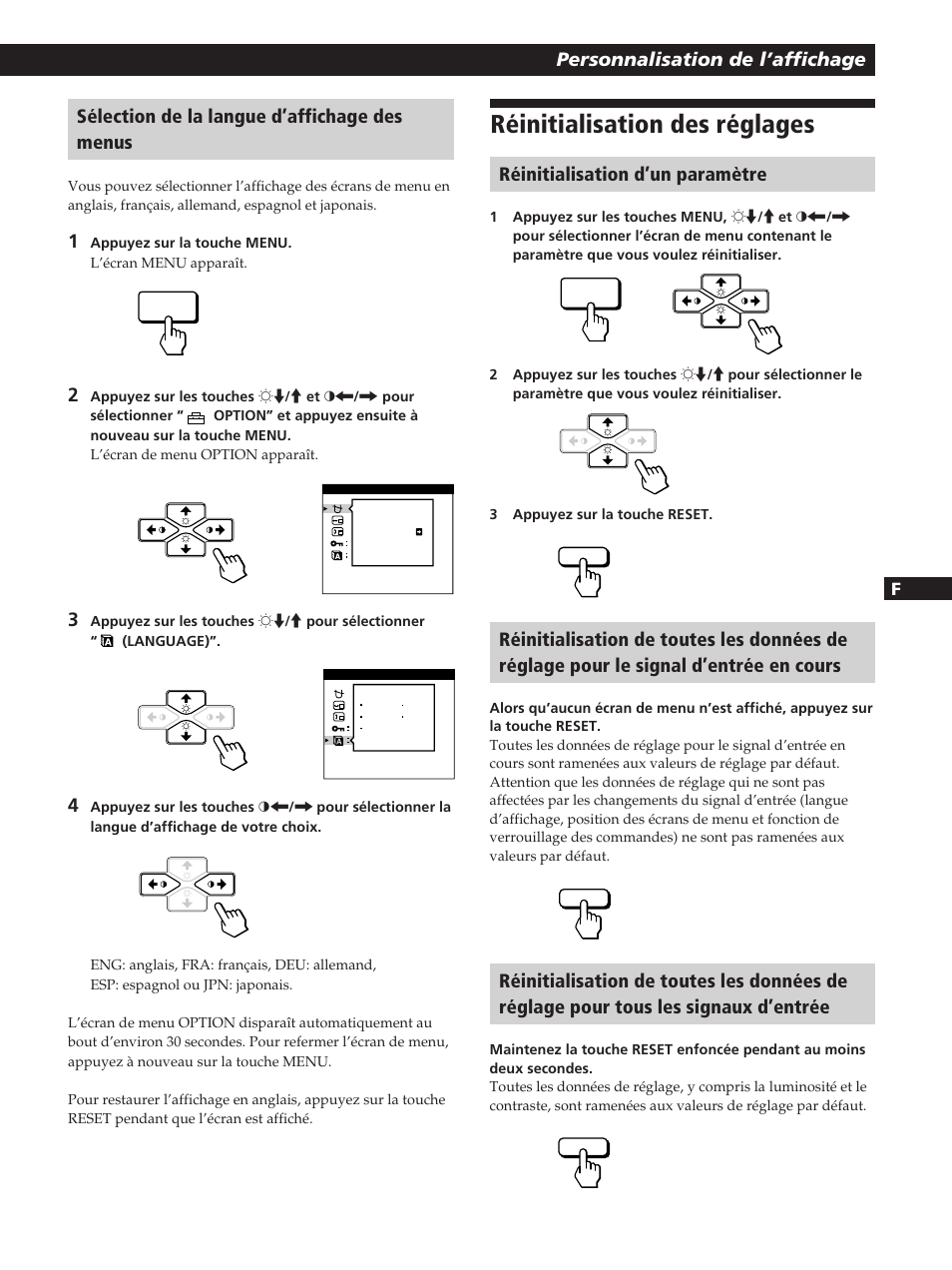 Réinitialisation des réglages, Personnalisation de l’affichage, Réinitialisation d’un paramètre | Sélection de la langue d’affichage des menus | Sony CPD-200GS User Manual | Page 33 / 57