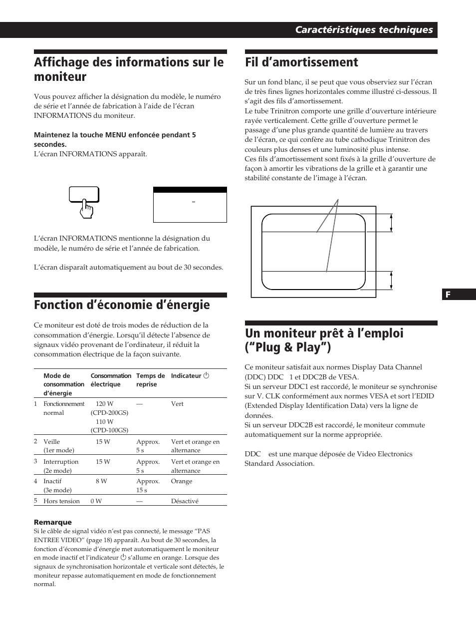 Fonction d’économie d’énergie, Fil d’amortissement, Un moniteur prêt à l’emploi (“plug & play”) | Affichage des informations sur le moniteur, Caractéristiques techniques | Sony CPD-200GS User Manual | Page 35 / 57