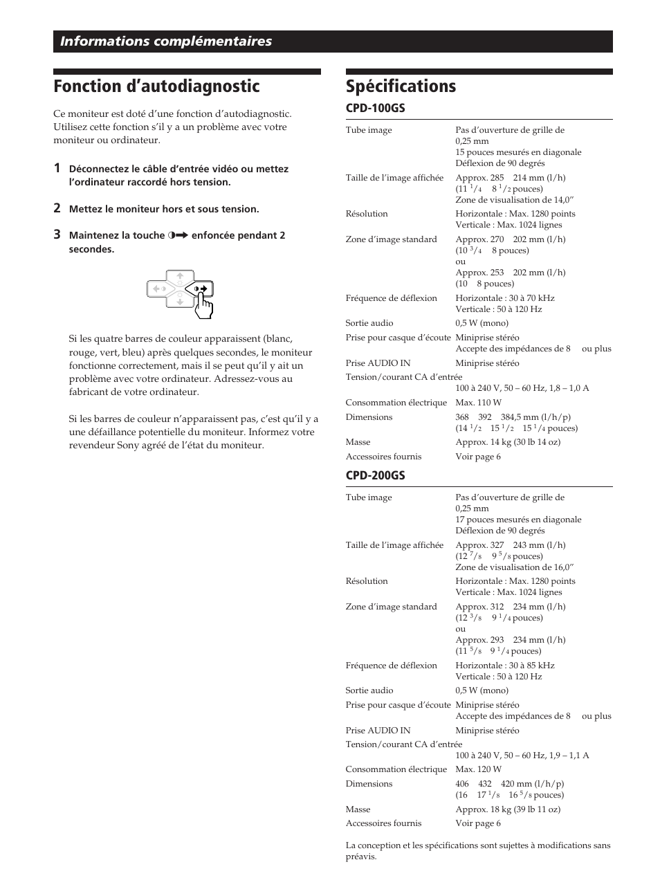 Fonction d’autodiagnostic, Spécifications, Informations complémentaires | Cpd-100gs, Cpd-200gs | Sony CPD-200GS User Manual | Page 38 / 57