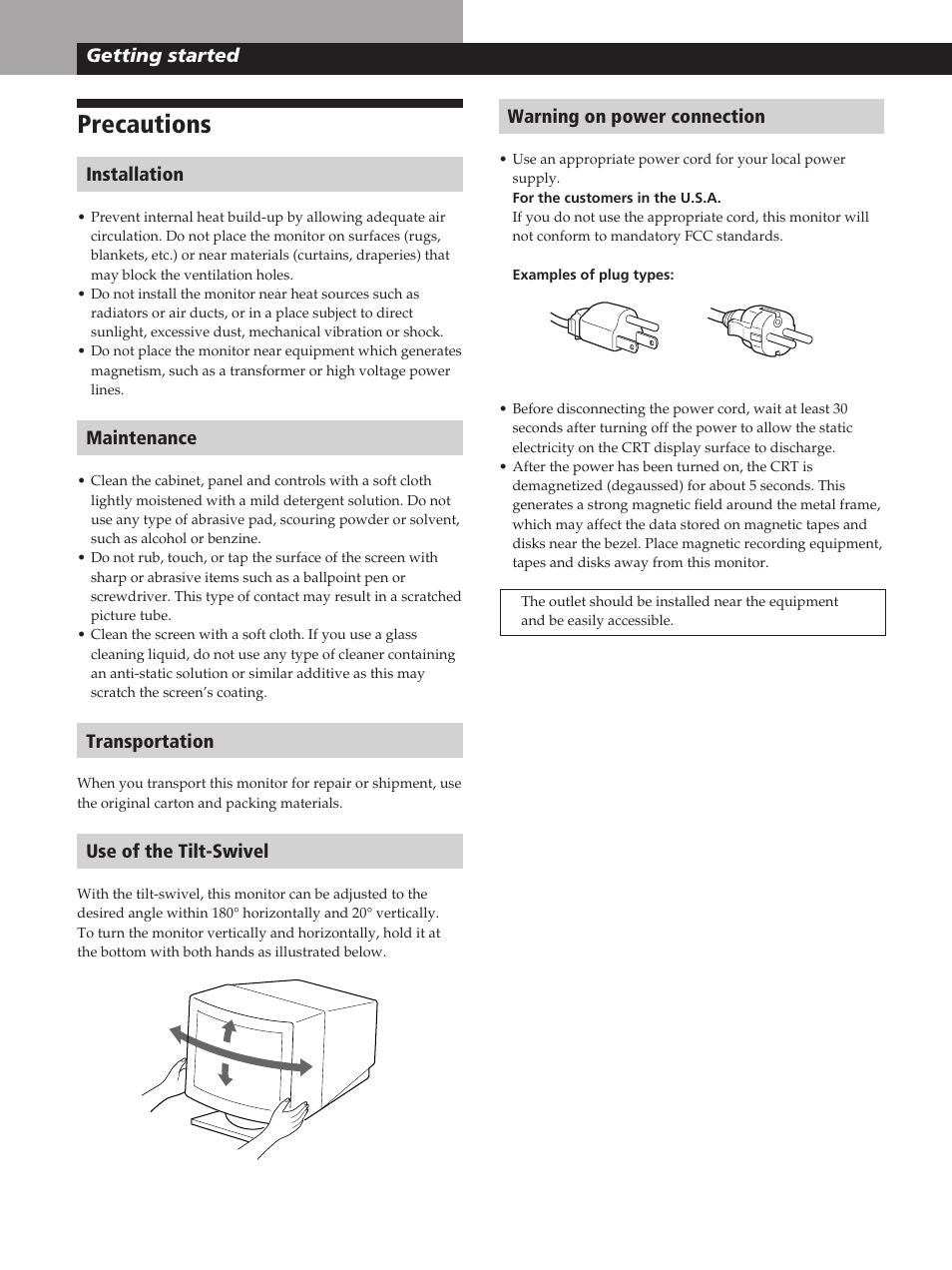 Precautions, Getting started warning on power connection, Installation | Maintenance, Transportation, Use of the tilt-swivel, Getting started | Sony CPD-200GS User Manual | Page 4 / 57